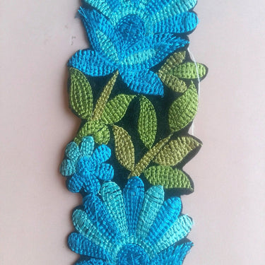 Black Velvet Fabric Trim With Pink / Blue And Green Floral Embroidery, 76mm wide - 200317L268 / 69